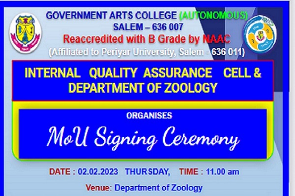 2-2-2023 – IQAC AND DEPARTMENT OF ZOOLOGY ORGANIZES MOU SIGNING CEREMONY